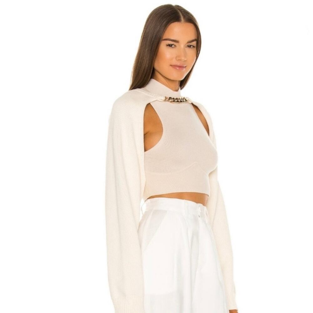 Bubish Chain Link Gold Knit Bolero Shrug Sweater Beige Cream Cotton Long Sleeve